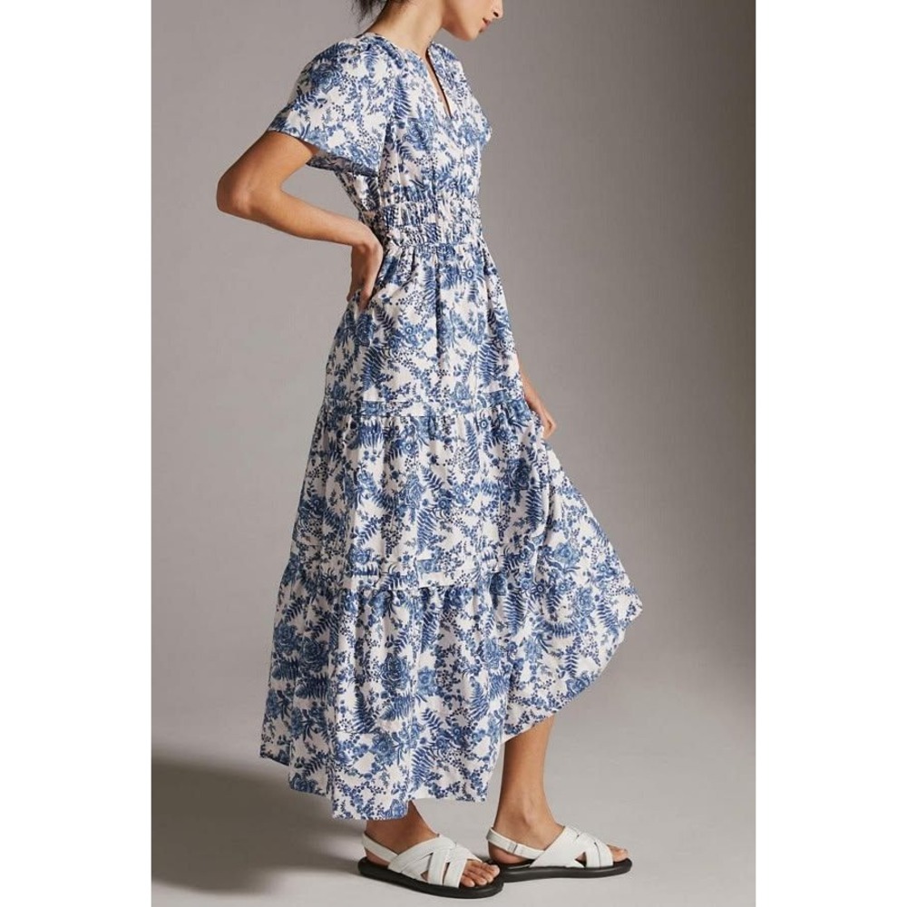 Anthropologie Somerset Maxi Dress XS Blue White Floral Tiered Smocked Waist